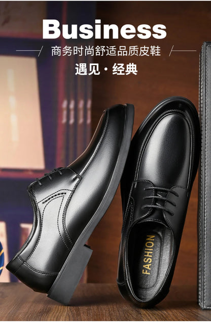Mens Black Genuine Leather Lace Up Chunky Platform Oxfords Formal Business Office Groom Wedding Daily Wear Shoes Fashion Simple