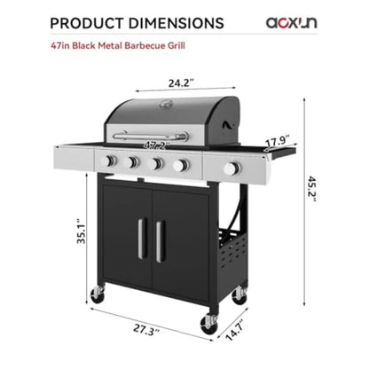 4-Burner Propane Grill with Side Burner 49000 BTU Gas Grill Stainless Steel Outdoor Grill with Cast Iron Grates and Side Tables