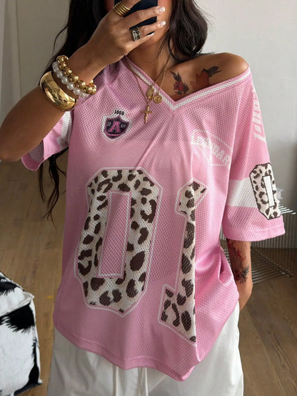 Women's Summer Going Out Streetwear Y2K Leopard Print Number Graphic Jersey Short Sleeve V Neck T Shirt Sporty Casual Tops
