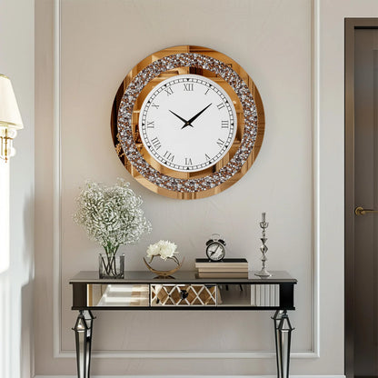 Silver,Tawny Tinted Round Mirror ,24inch Crystal Sparkle Twinkle Bling Crush Diamond Large Mirrored Wall Clock for Living Room