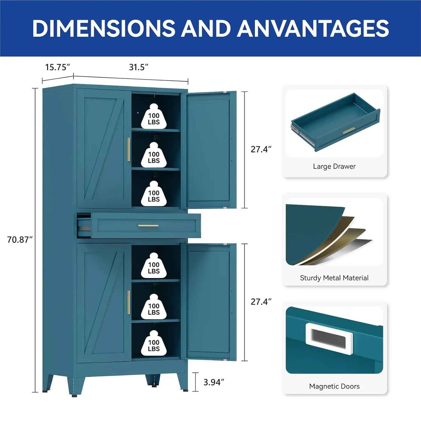 71'' Tall Metal Pantry Cabinet with Drawer, Kitchen Storage Cabinet with 4 Doors and Shelves, Freestanding, Customized