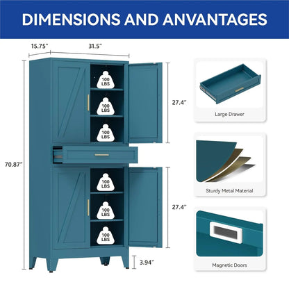 71'' Tall Metal Pantry Cabinet with Drawer, Kitchen Storage Cabinet with 4 Doors and Shelves, Freestanding, Customized