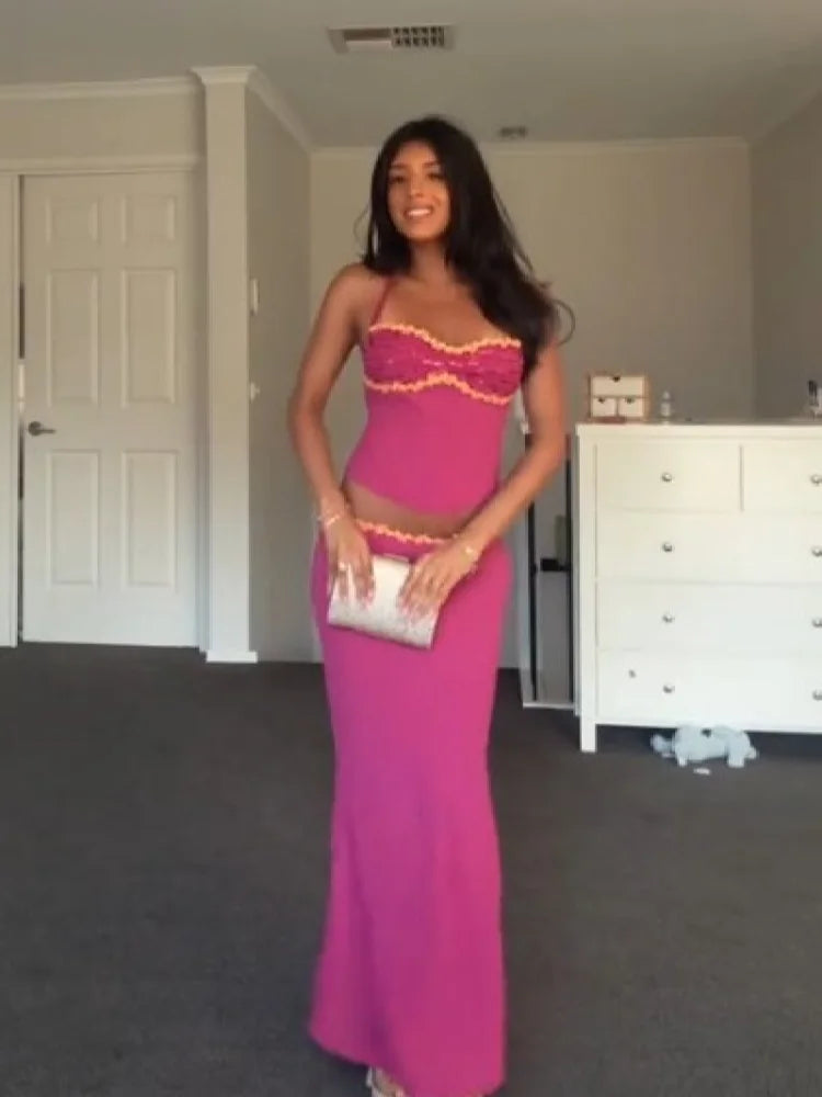Elegant Chiffon Tops Skirt Set Women Stylish Floral Strap Off Shoulder Halter Crop Top Maxi Skirt Summer Beach Vacation Outfit
