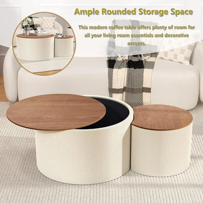 Round Nesting Coffee Table Set of 2 with Storage, 26.8" Farmhouse Handwoven PU Coffee Table, for Living Room, Customized