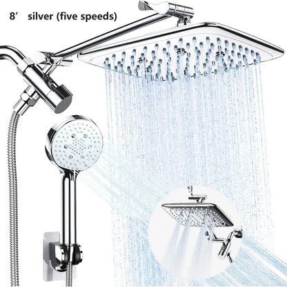 Stainless Steel 8/10 Inch Overhead Showerhead 5 Modes With Extension Arm Multi-function Hand Shower Wall Mounted Showerhead Set