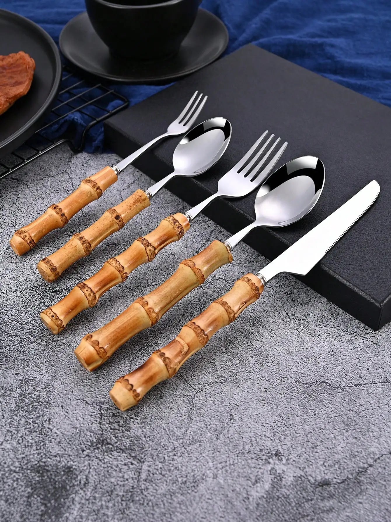 30pcs/Set Stainless Steel Cutlery Set With Natural Bamboo Handles School Supplies,Christmas Gift