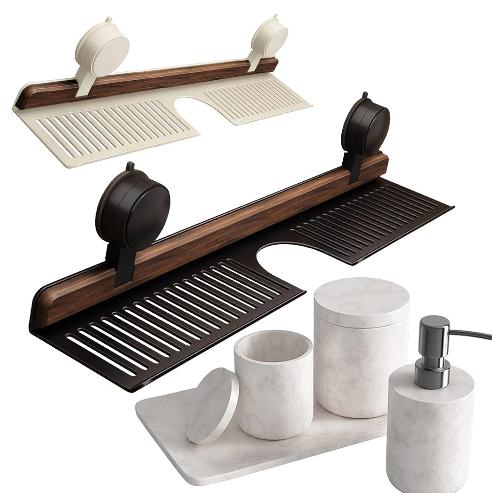 Walnut Suction Cup Bathroom Shelf No Drilling Faucet Organizer Rack Over Faucet Sink Rack Bathroom Accessories