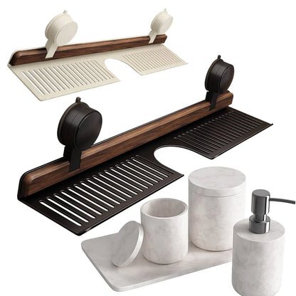 Walnut Suction Cup Bathroom Shelf No Drilling Faucet Organizer Rack Over Faucet Sink Rack Bathroom Accessories
