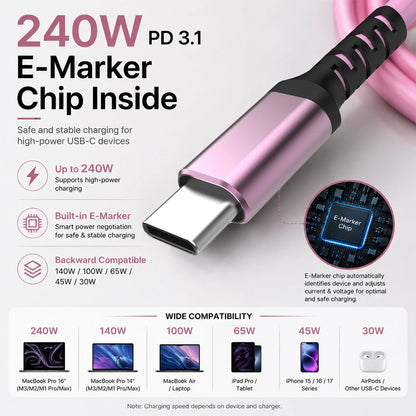 USB-C to USB-C Cable 240W PD 3.1 Fast Charging, Pink TPE Cord for MacBook, iPhone 15/16/17, iPad Pro, Galaxy S24