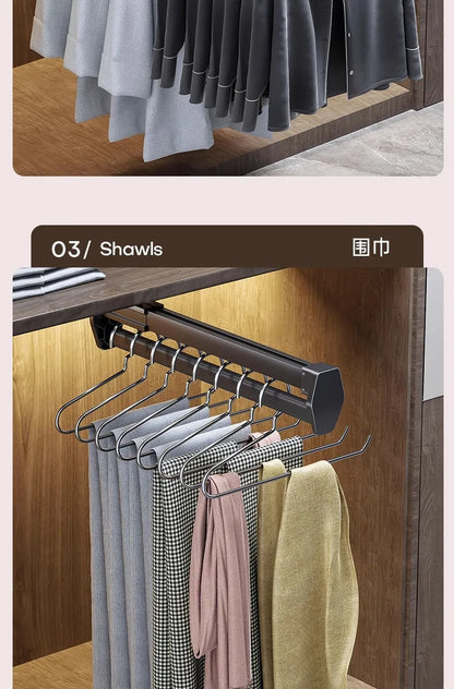 Multifunctional Wardrobe Trouser Hanger with Built-In Telescopic Pants Storage Pull-Out Clothes Rail Shelf Wardrobe Organizer