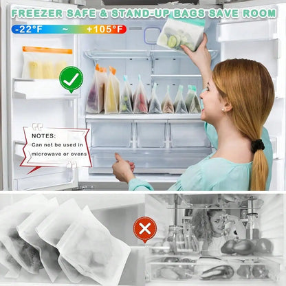 15-Pack Reusable Freezer Bags - Leakproof Stand-Up Design for Food Storage, BPA-Free Silicone Material Perfect for Vegetables,