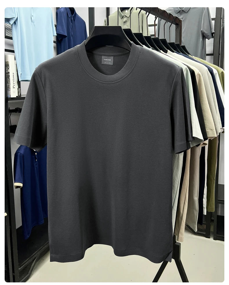 High quality luxury short sleeve T-shirt summer breathable cool silk cotton fashion solid color round neck top casual men's wear