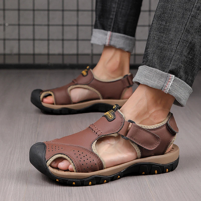 2025 Large-Size Leather Men's Shoes Summer Sandals Casual Outdoor Head Beach Shoes Comfortable Breathable Hollow Velcro Patch