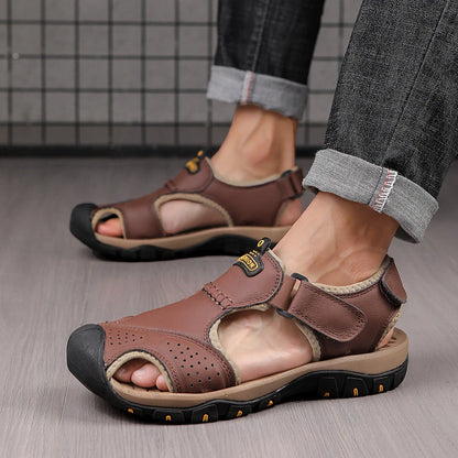 2025 Large-Size Leather Men's Shoes Summer Sandals Casual Outdoor Head Beach Shoes Comfortable Breathable Hollow Velcro Patch