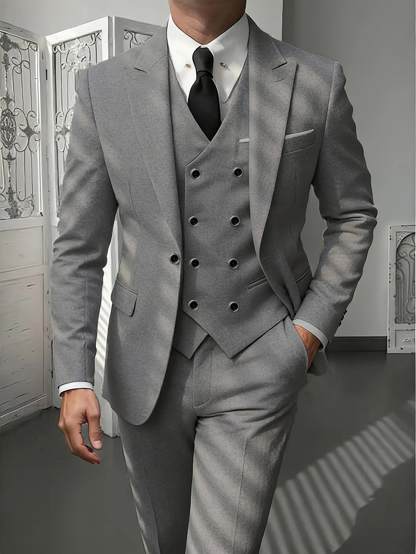 Men's Classic 3-Piece Suit Set - Slim Fit Notched Lapel Blazer with Vest & Pants, Versatile Formal Outfit for Business & Events
