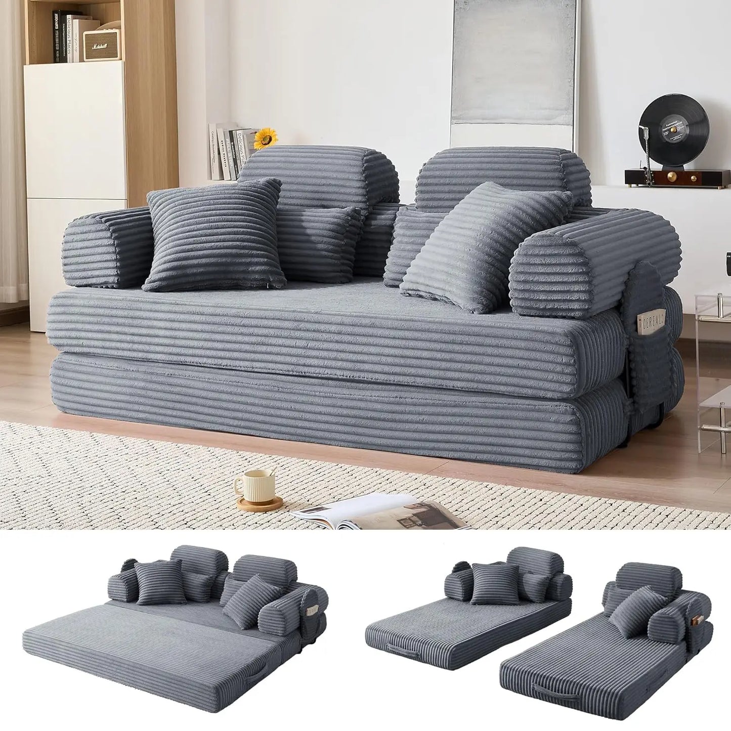 78.8in Convertible Corduroy Sleeper Sofa Bed High Backrest 5-in-1 Side Pocket Living Room No Assembly Removable Washable, Custom