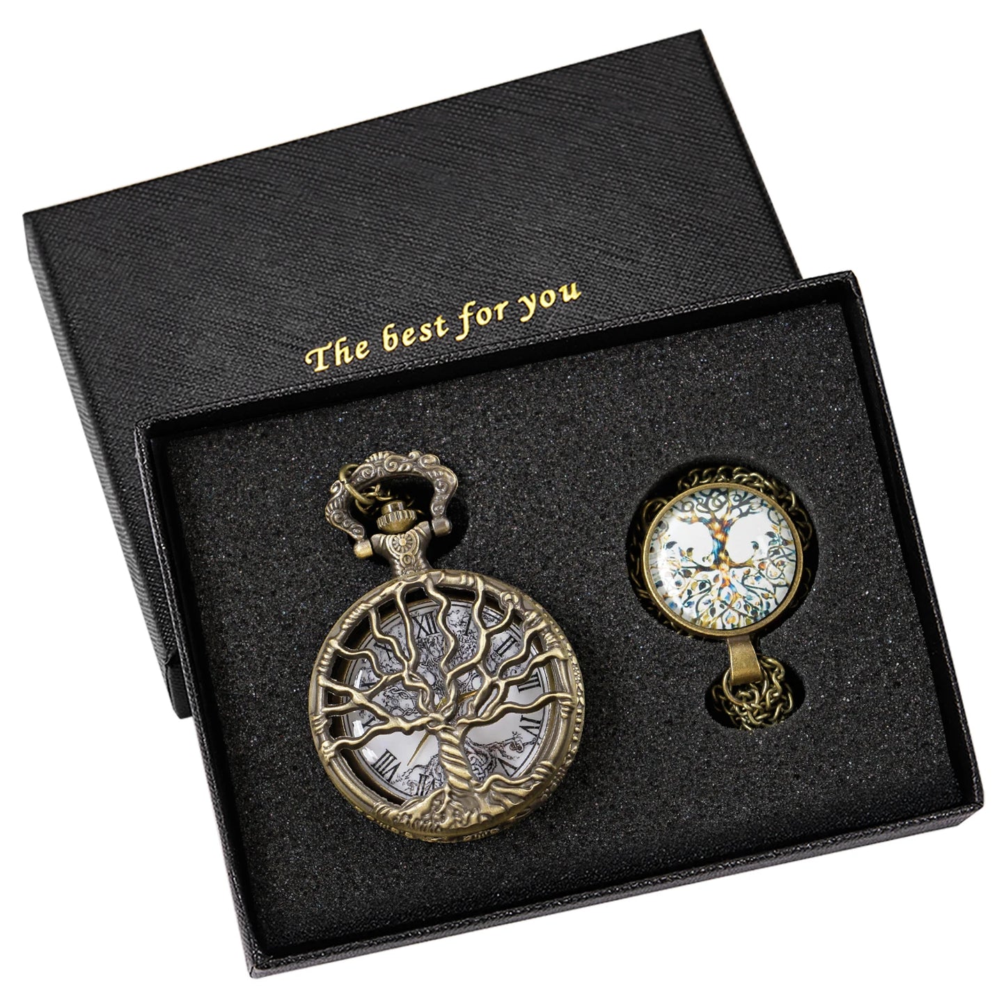 Steampunk Retro Bronze Hollow Tree of Life Quartz Pocket Watch With Fob Chain Women Watch Pendant Necklace Chain Men Gift CF1088