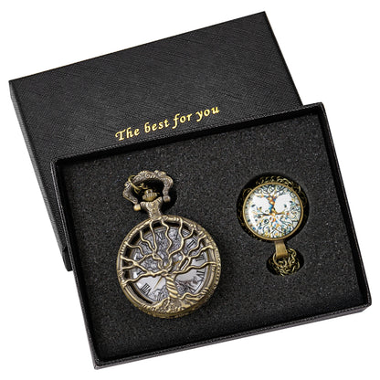 Steampunk Retro Bronze Hollow Tree of Life Quartz Pocket Watch With Fob Chain Women Watch Pendant Necklace Chain Men Gift CF1088