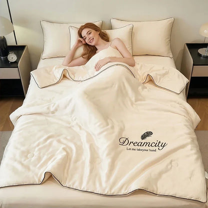 Ultra Soft Cooling Ice Silk Summer Quilt Blanket, Queen King Size Embroidered Breathable Nap Comforter, Lightweight Skin Friendly Air Conditioner Quilt
