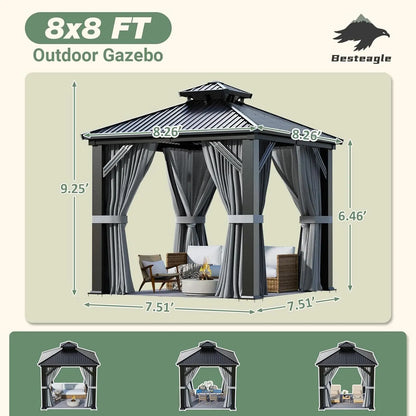 8x8FT Sturdy Hardtop Gazebo, Rustproof Aluminum Frame Double Steel Roof Outdoor Shelter with Decorative Curtains, Customized
