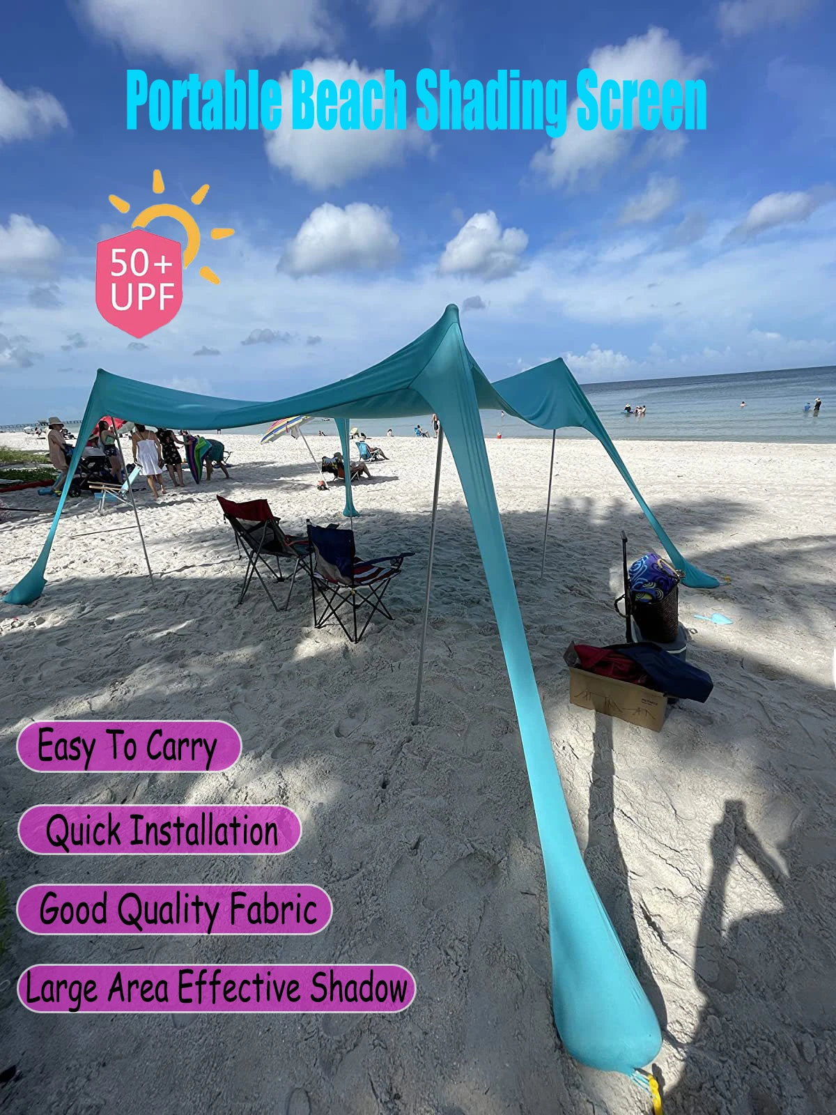Family Beach Canopy ,Large Beach Sunshade Tent with Stability Poles,UPF50+Outdoor Shade for Beach,Camping,Party or Picnics