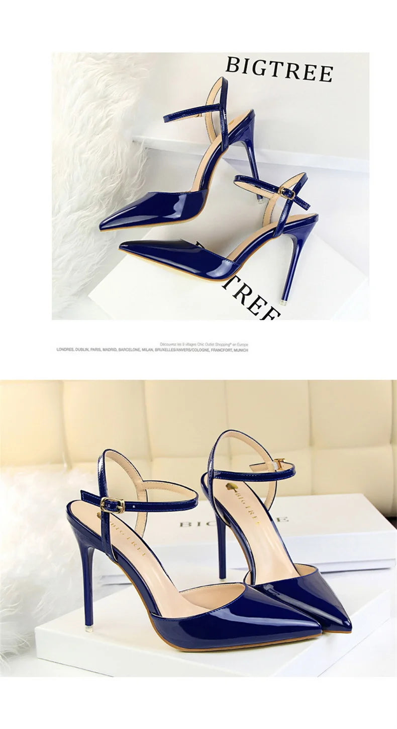 Women High Heels Sandals Metallic Gray Patent Leather Stripper Ankle Strap Wedding Nightclub Pointed Toe Party Valentine 86-1