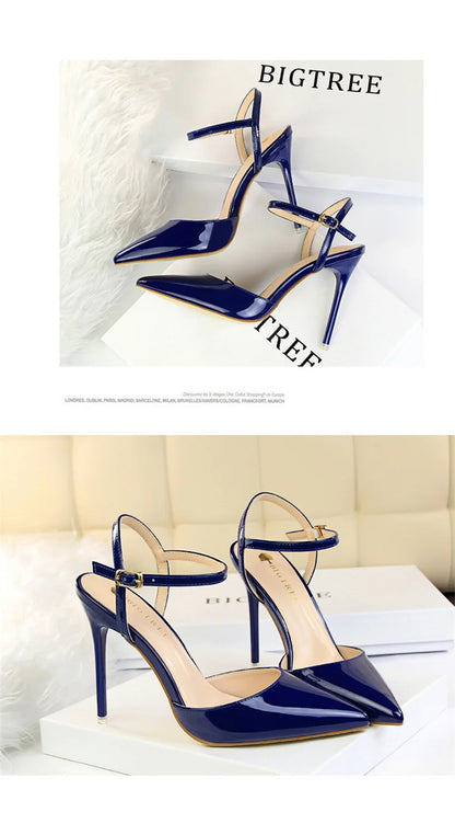 Women High Heels Sandals Metallic Gray Patent Leather Stripper Ankle Strap Wedding Nightclub Pointed Toe Party Valentine 86-1