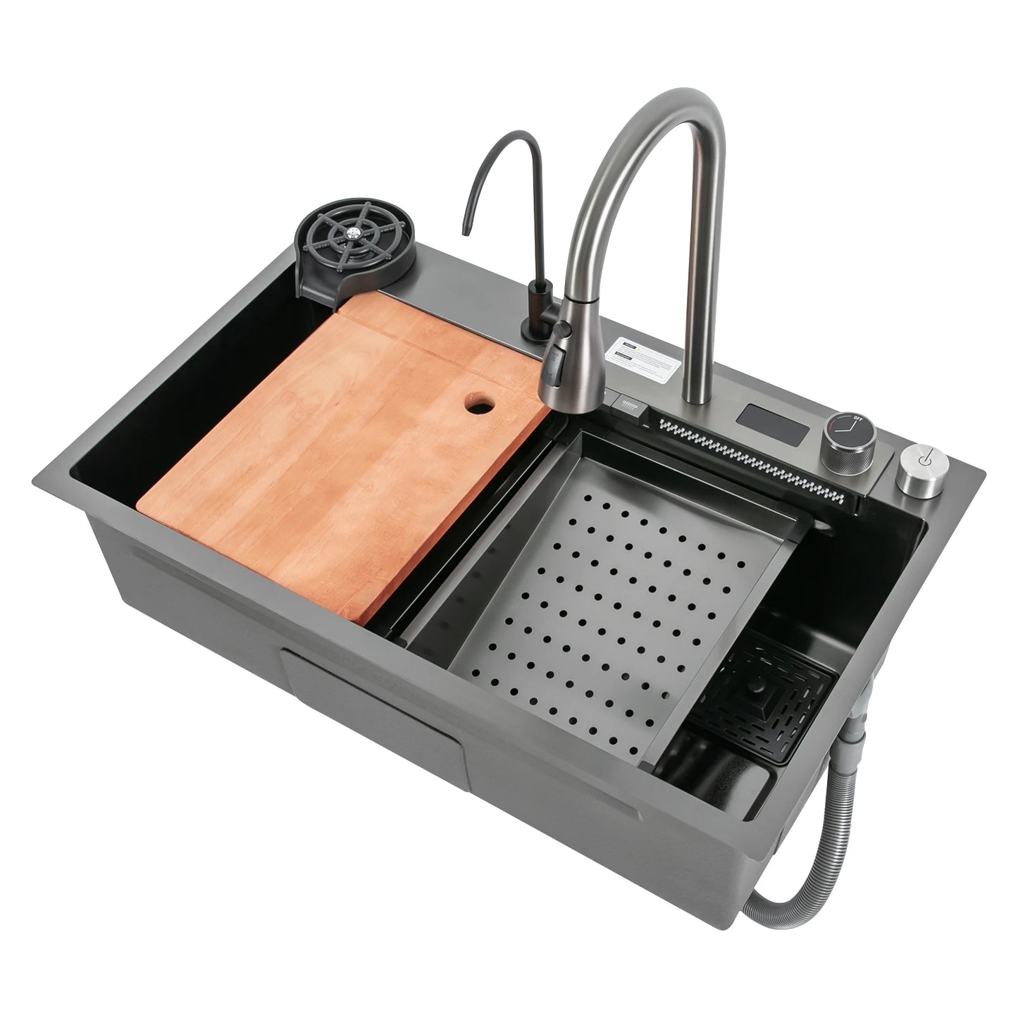 75*46CM Stainless Steel Waterfall Kitchen Sink with Pull Out Faucet,Soap Dispenser,Cup Washer