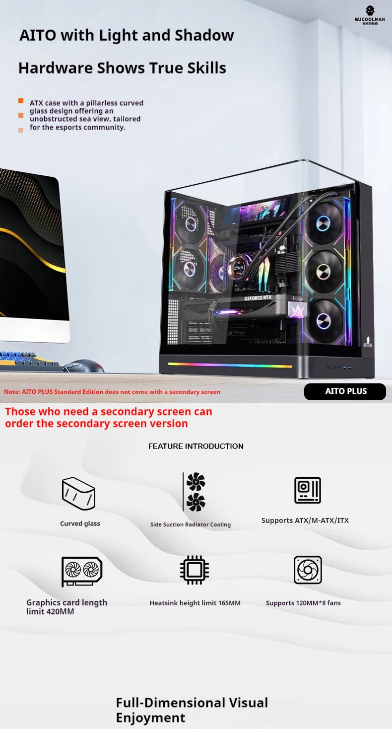 WJCOOLMAN AITO Plus ATX PC case 9.16-inch screen RGB light strip 360 water cooler Integrated curved glass computer case
