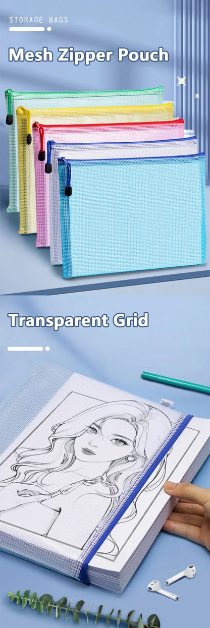 5PCS Stationery Storage Folder File Mesh Zipper Pouch A3 A4 A5 A6 B4 B5 Document Bag Zip File Folder School Office Supplies