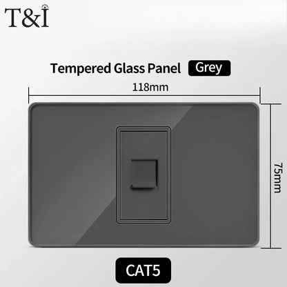 118*75mm TEMPERED GLASS SWITCH PANEL Wall Socket with USB Type - C, Grey US Switch, Thai Plug for Home & Office Use