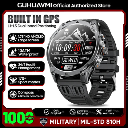 2026 Hot Sales Outdoor Durable GPS Sports Smart Watch Built-in GPS 1000mAh Battery 10ATM Waterproof 1.75" AOD Men Military Watch