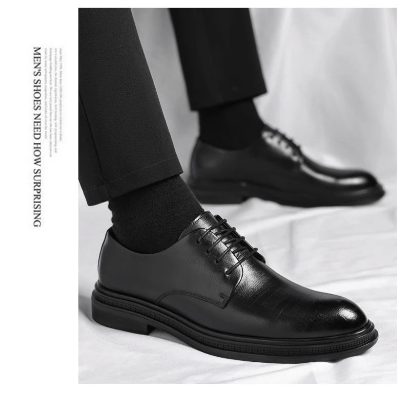 Mens Black Vintage Genuine Leather Lace Up Formal Business Office Groom Wedding Daily Wear Dress Shoes Simple British Style