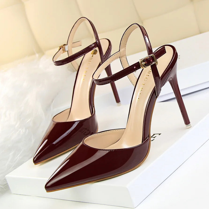Women High Heels Sandals Metallic Gray Patent Leather Stripper Ankle Strap Wedding Nightclub Pointed Toe Party Valentine 86-1