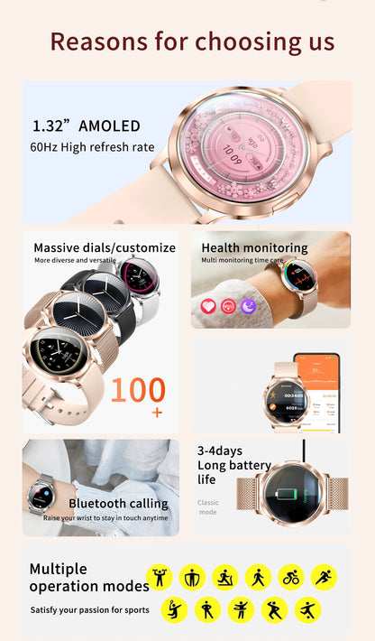 2026New Ultra-thin Women Smart Watch HD AMOLED Full Touch Screen Bluetooth Call Blood Pressure IP68 Waterproof NFC 7.3mm bracele
