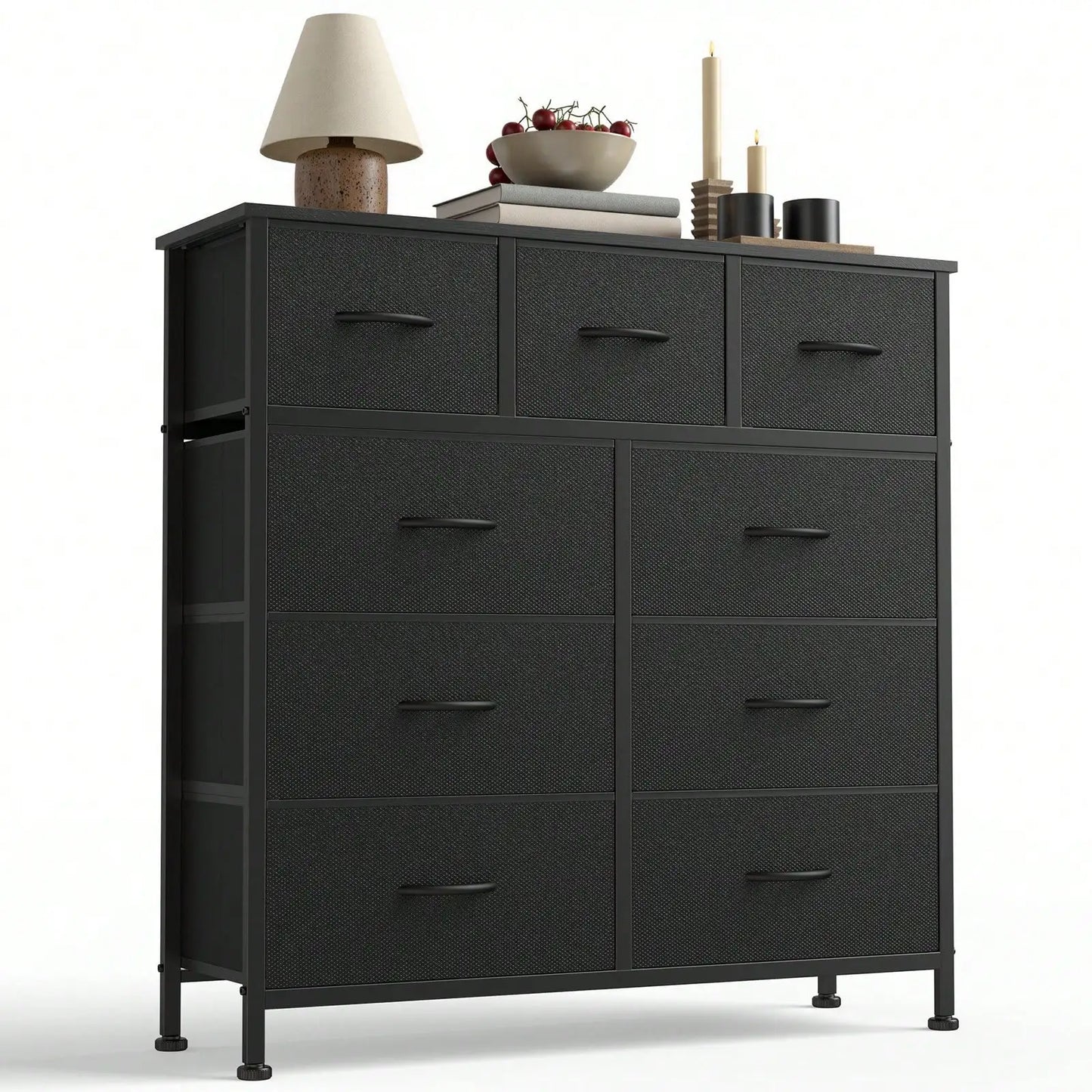 Tall 9 Fabric Clothes Cabinet Storage Organizers And Wood Top Surface Table Chest ,9 Drawer Dresser,Fabric Storage Tower For Bedroom, Hallway, Entryway, Closet, Tall Chest Organizer Unit With Fabric Bins, Steel Frame, , Easy