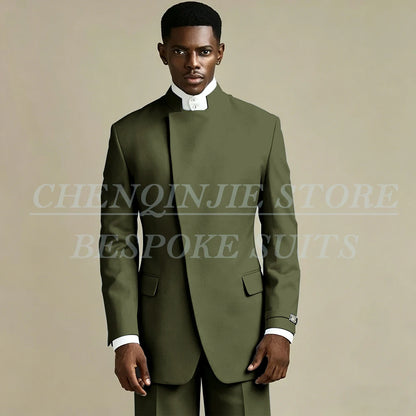 Elegant Black Men's Suits 2 Piece Jacket Pants Outfits Formal Single Breasted Stand Lapel Skinny Clothing Costume Homme