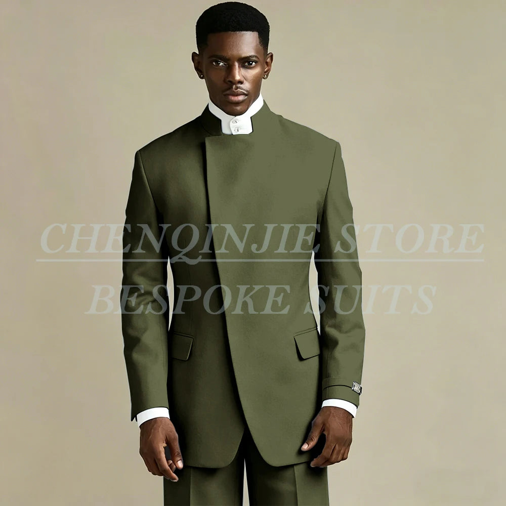 Elegant Black Men's Suits 2 Piece Jacket Pants Outfits Formal Single Breasted Stand Lapel Skinny Clothing Costume Homme