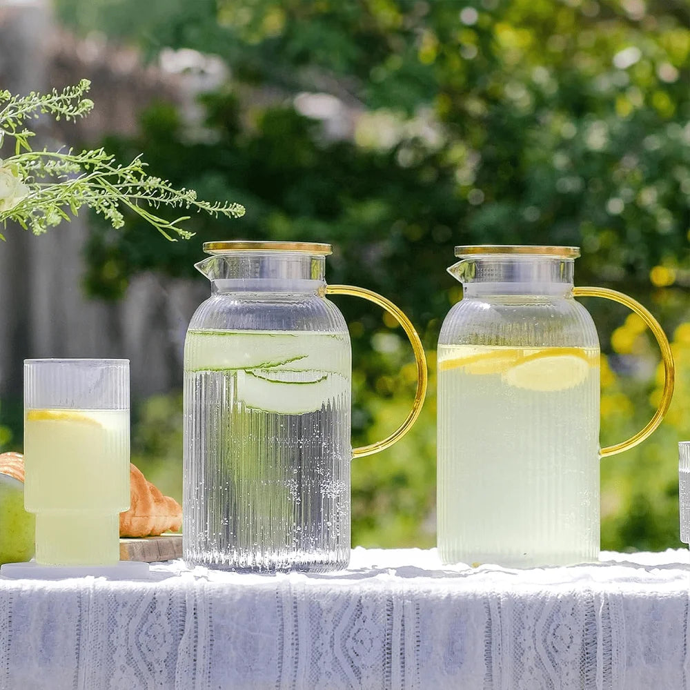 8PCS Glass Pitcher With Lid 4 Pitchers 4 Lids, 68oz 2L Classic Vertical Stripe Pitcher, Large Golug, Suitable For Cold Brew, Co
