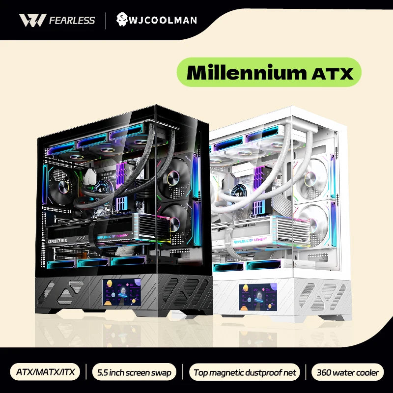 WJCOOLMAN Millennium ATX PC case screen/digital display supports 360 water cooled sea view room Customize screen computer case
