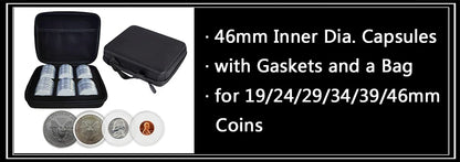 100Pcs Coin Capsule Case and Adjustable (17/20/25/27/30mm) Protect Black Gasket Coin Holder with Plastic Storage Organizer Box