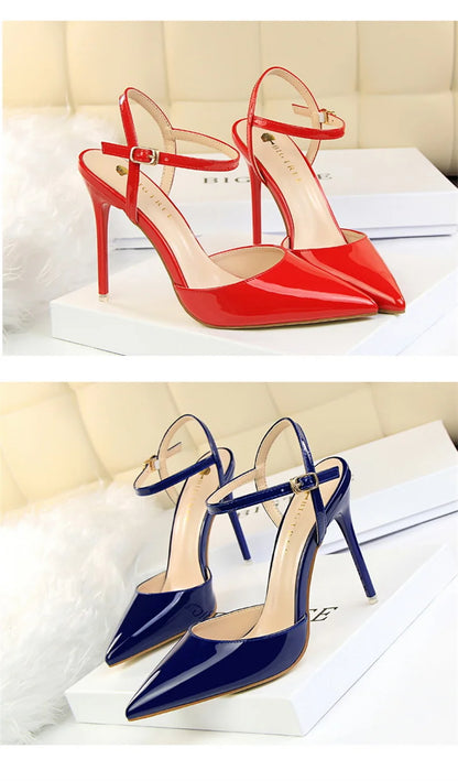 Women High Heels Sandals Metallic Gray Patent Leather Stripper Ankle Strap Wedding Nightclub Pointed Toe Party Valentine 86-1