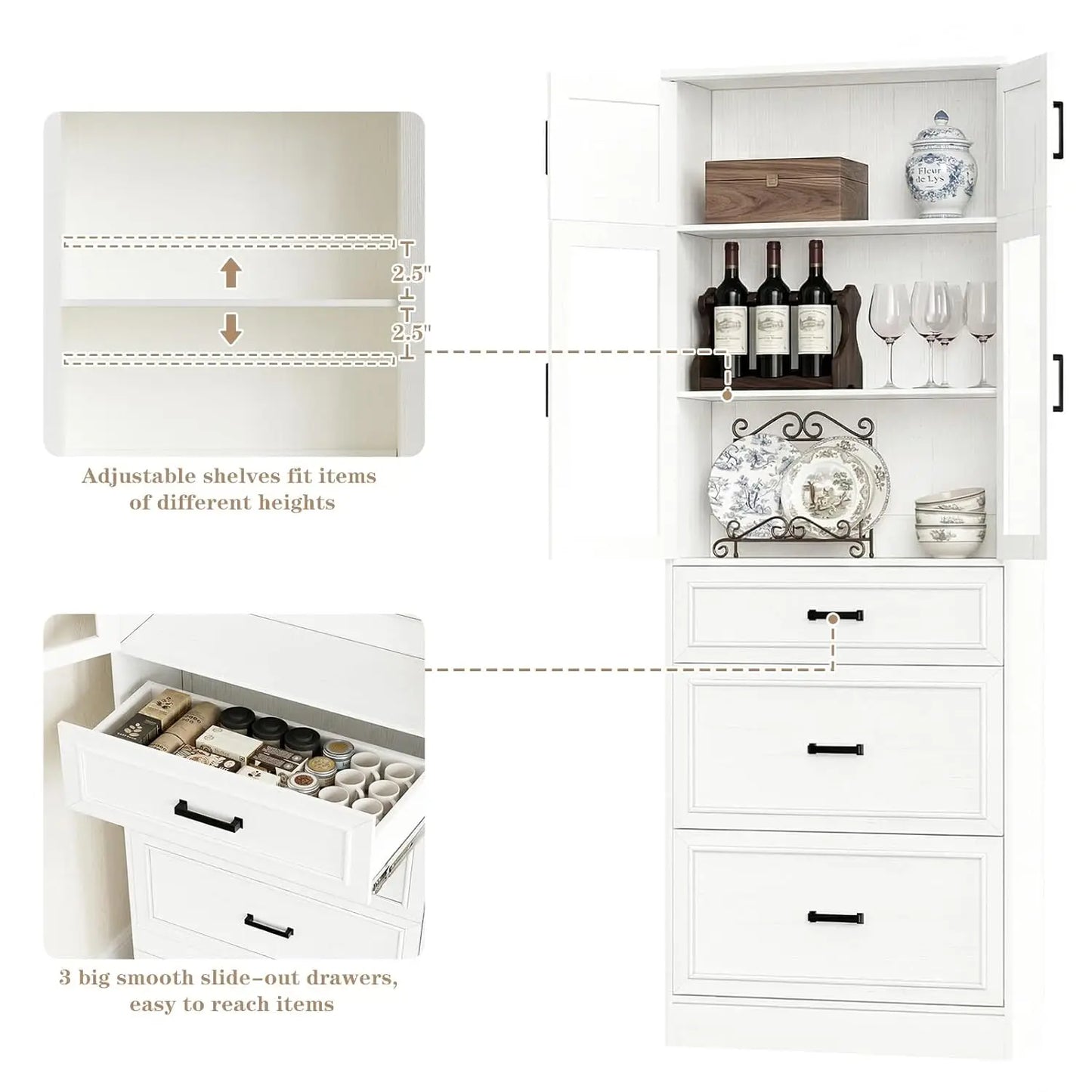 80" Tall Kitchen Pantry Storage Cabinet with Glass Doors, Adjustable Shelves & 3 Drawers, Versatile Tall Storage, Custom