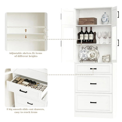 80" Tall Kitchen Pantry Storage Cabinet with Glass Doors, Adjustable Shelves & 3 Drawers, Versatile Tall Storage, Custom