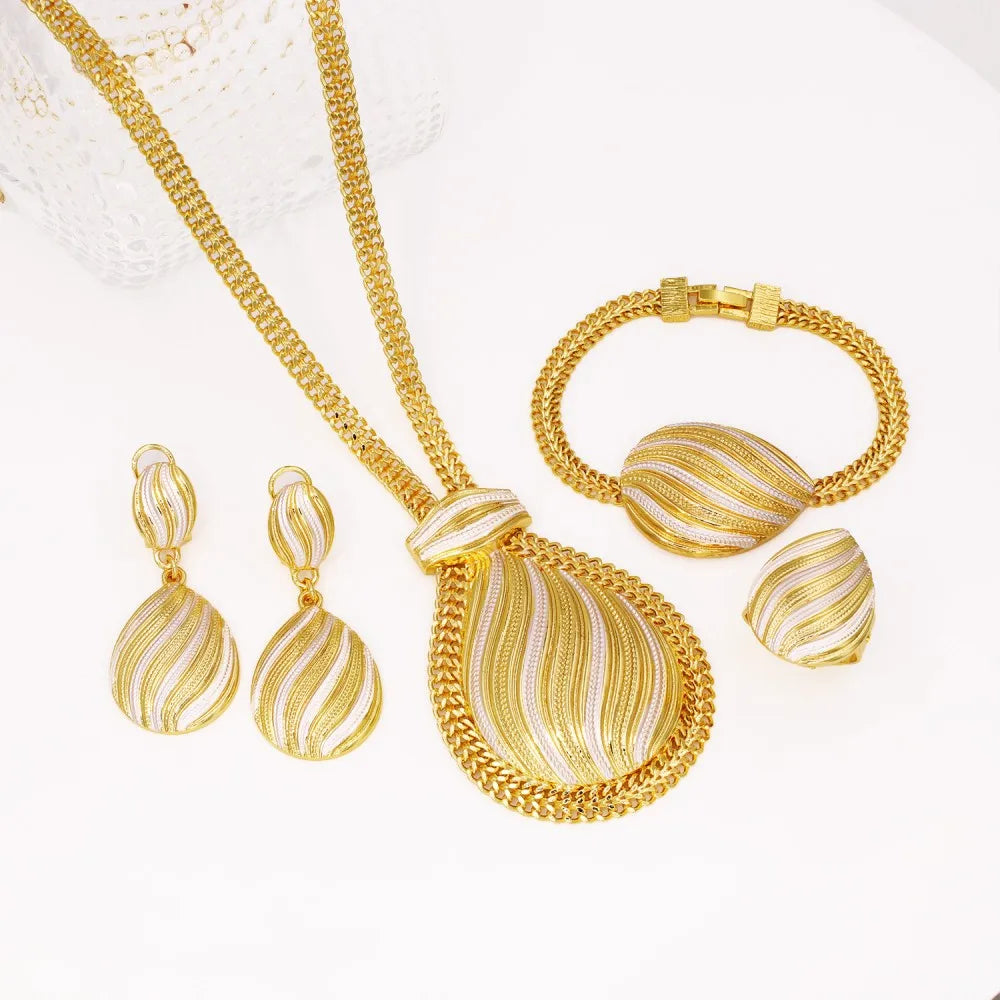 GZJPEI Two Tone Jewelry Set Gold Plated Big Pendant Necklace Bracelet Water Drop Earring Ring For Women Wedding Gifts 2025 New