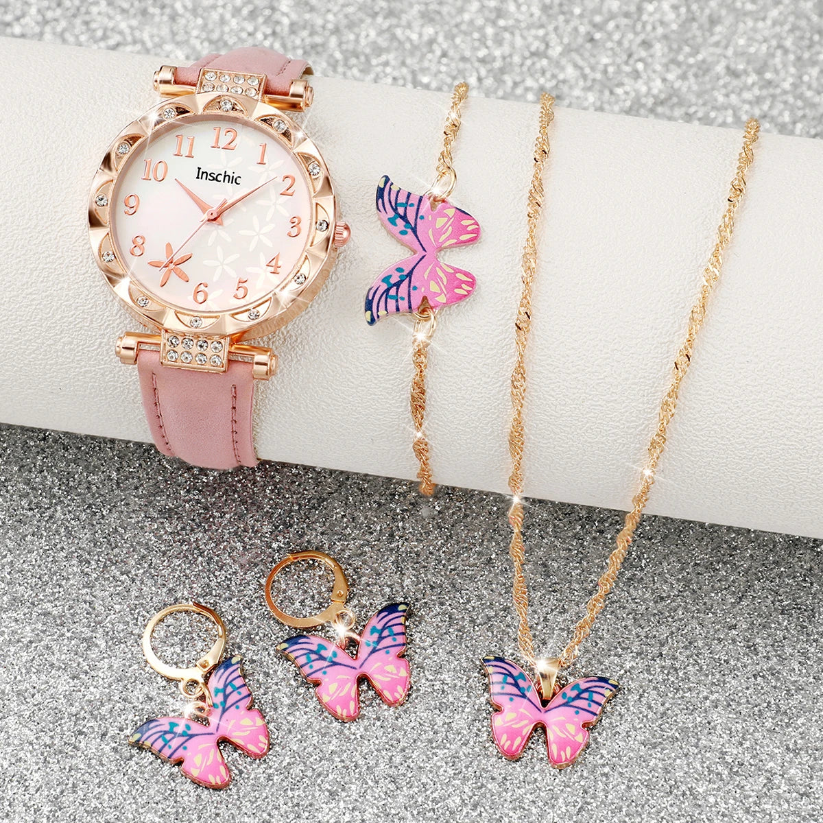 5/6PCS Fashion Rhinestone Women Watches Casual Leather Band Quartz Watch for Women Clock Jewelry Set Reloj Mujer（Without Box）