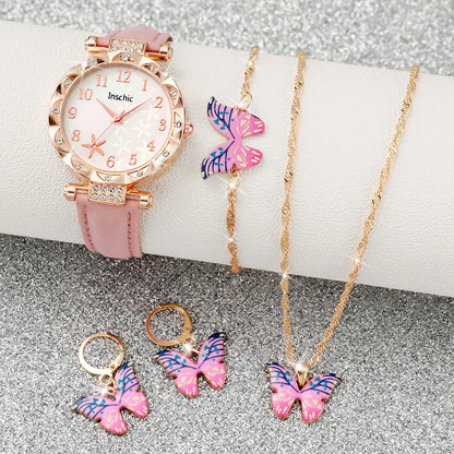 5/6PCS Fashion Rhinestone Women Watches Casual Leather Band Quartz Watch for Women Clock Jewelry Set Reloj Mujer（Without Box）