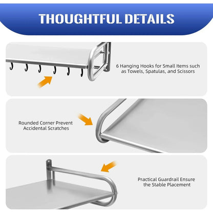 Stainless Steel Microwave Utensils Shelf Wall Mount with 6 Hooks, Heavy Duty Kitchen Organizer Rack for Bathroom Pantry Storage