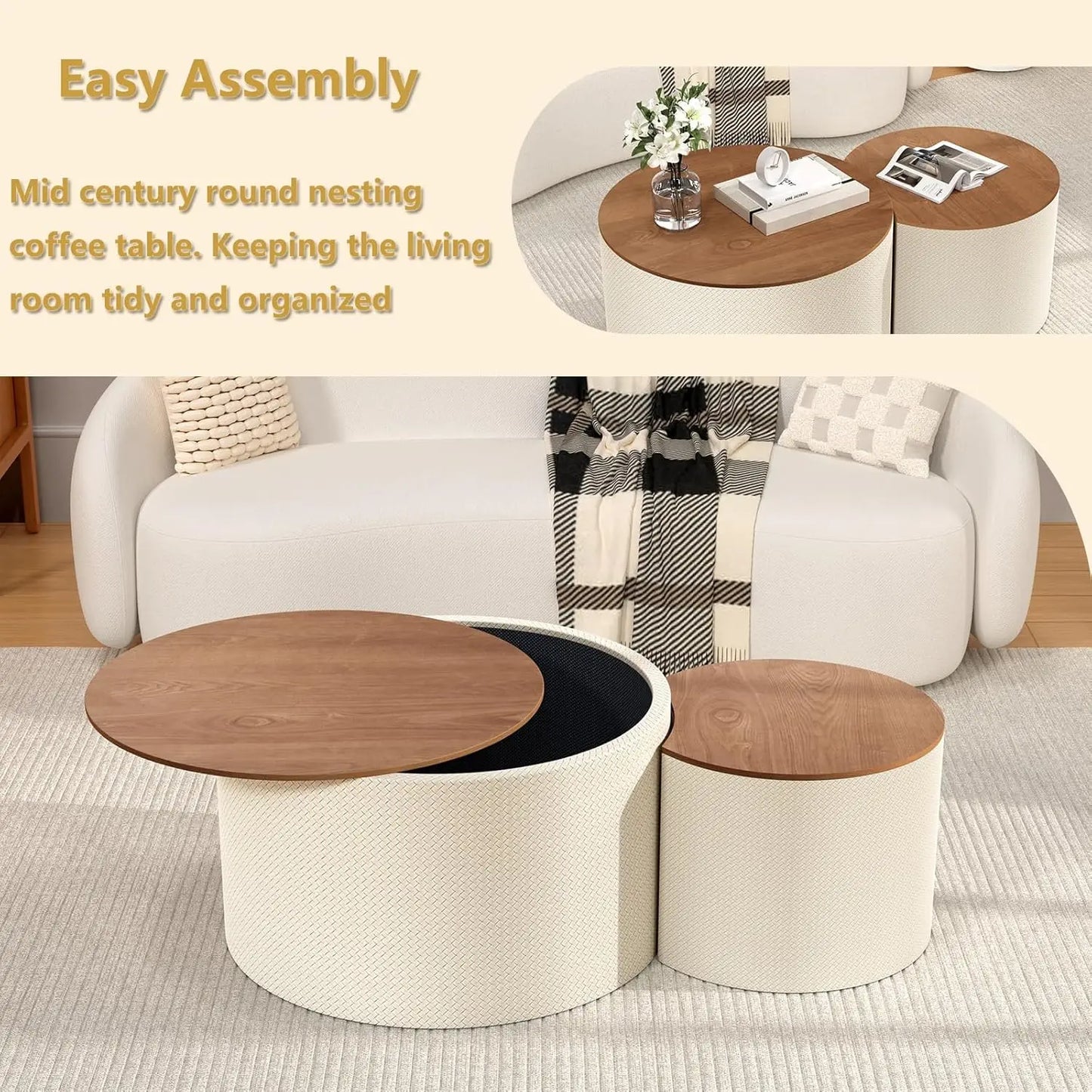 Round Nesting Coffee Table Set of 2 with Storage, 26.8" Farmhouse Handwoven PU Coffee Table, for Living Room, Customized