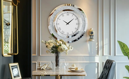 Silver,Tawny Tinted Round Mirror ,24inch Crystal Sparkle Twinkle Bling Crush Diamond Large Mirrored Wall Clock for Living Room